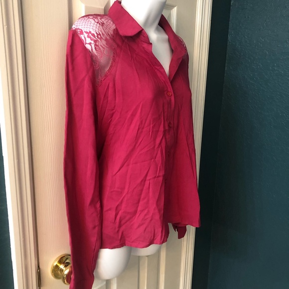 Pink Button Up Collared Blouse Lace Open Back - Picture 2 of 7